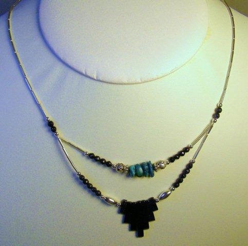 Blue Goldstone with Turquoise Double Minifan Necklace