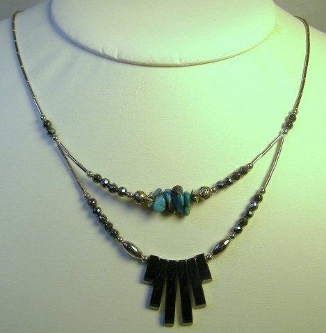 Hematite with Turquoise Double Minifan Necklace